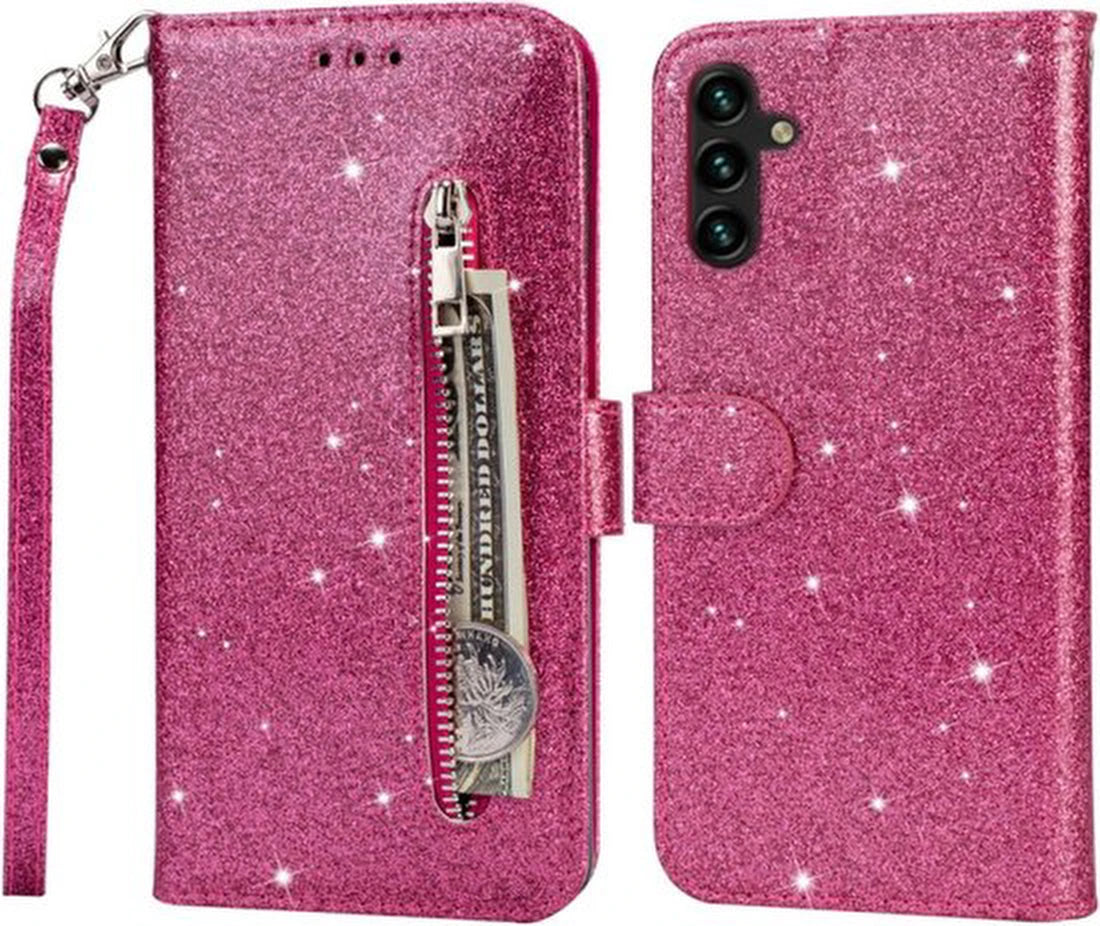 Sparkly Glitter Wallet Hoesje met Rits & Koord Geschikt voor: Samsung Galaxy A25 4G & 5G - Roze
