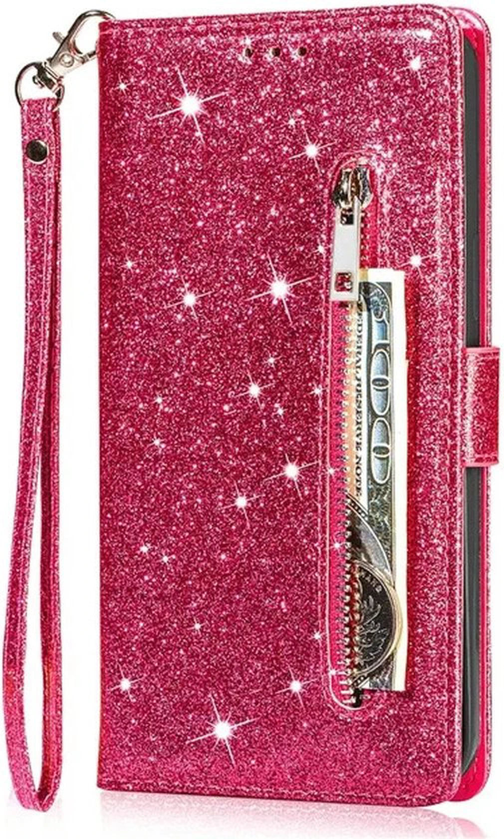 Samsung Galaxy A25 Hoesjes – Glitter Portemonnee Hoes – Rits & Koord – Roze