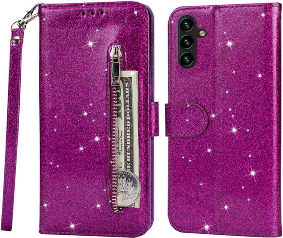 Sparkly Glitter Wallet Hoesje met Rits & Koord Geschikt voor: Samsung Galaxy A25 4G & 5G - Paars