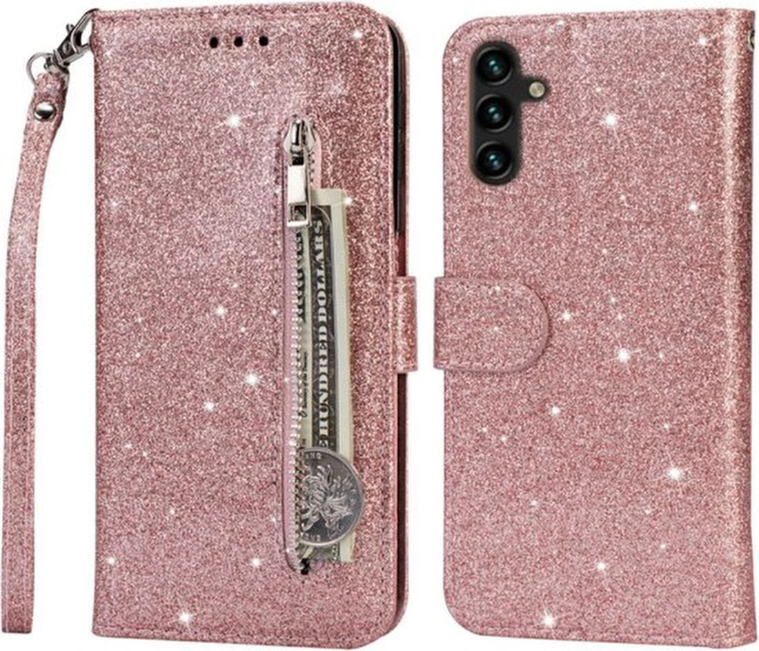 Sparkly Glitter Wallet Hoesje met Rits & Koord Geschikt voor: Samsung Galaxy A25 4G & 5G - Roségoud