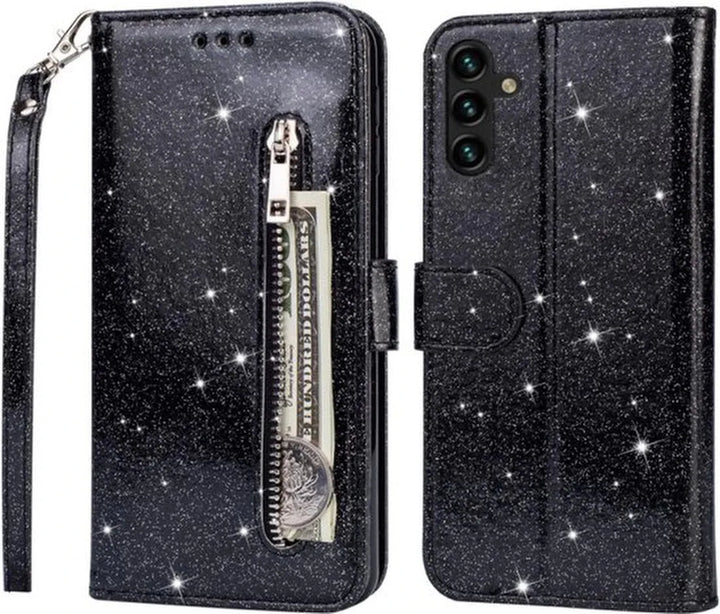 Samsung Galaxy A14 Hoesjes – Glitter Portemonneehoes – Rits & Koord – Pasjeshouder – Zwart-Ilumina Benelux