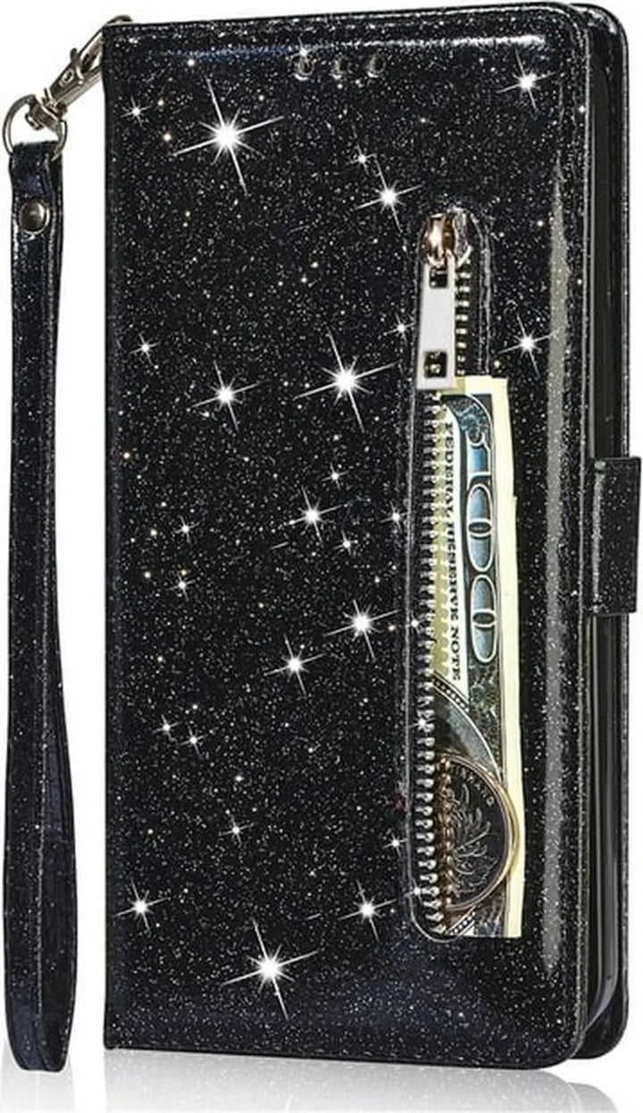 Samsung Galaxy A14 Hoesjes – Glitter Portemonneehoes – Rits & Koord – Pasjeshouder – Zwart-Ilumina Benelux