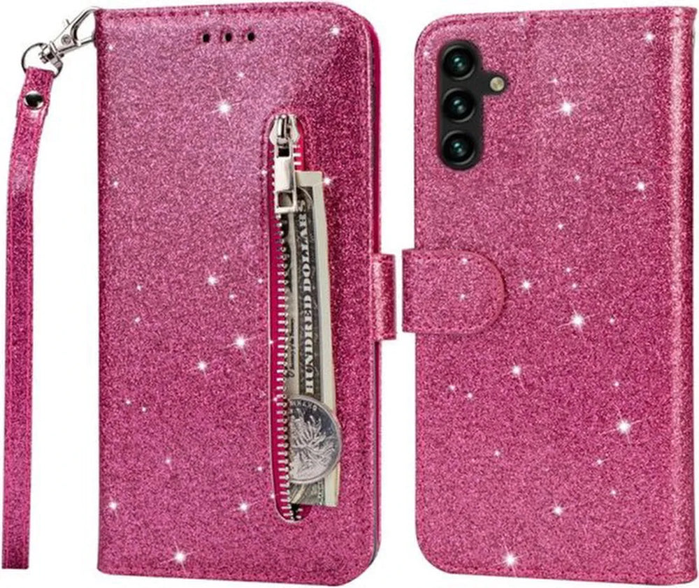Samsung Galaxy A13 Hoesjes – Glitter Portemonnee Hoes – Rits & Koord – Pasjeshouder – Roze-Ilumina Benelux