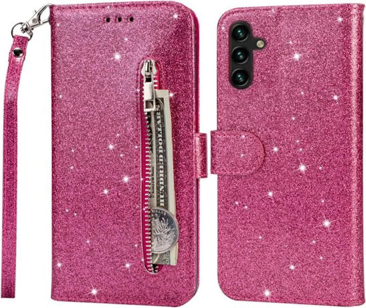 Samsung Galaxy A13 Hoesjes – Glitter Portemonnee Hoes – Rits & Koord – Pasjeshouder – Roze-Ilumina Benelux
