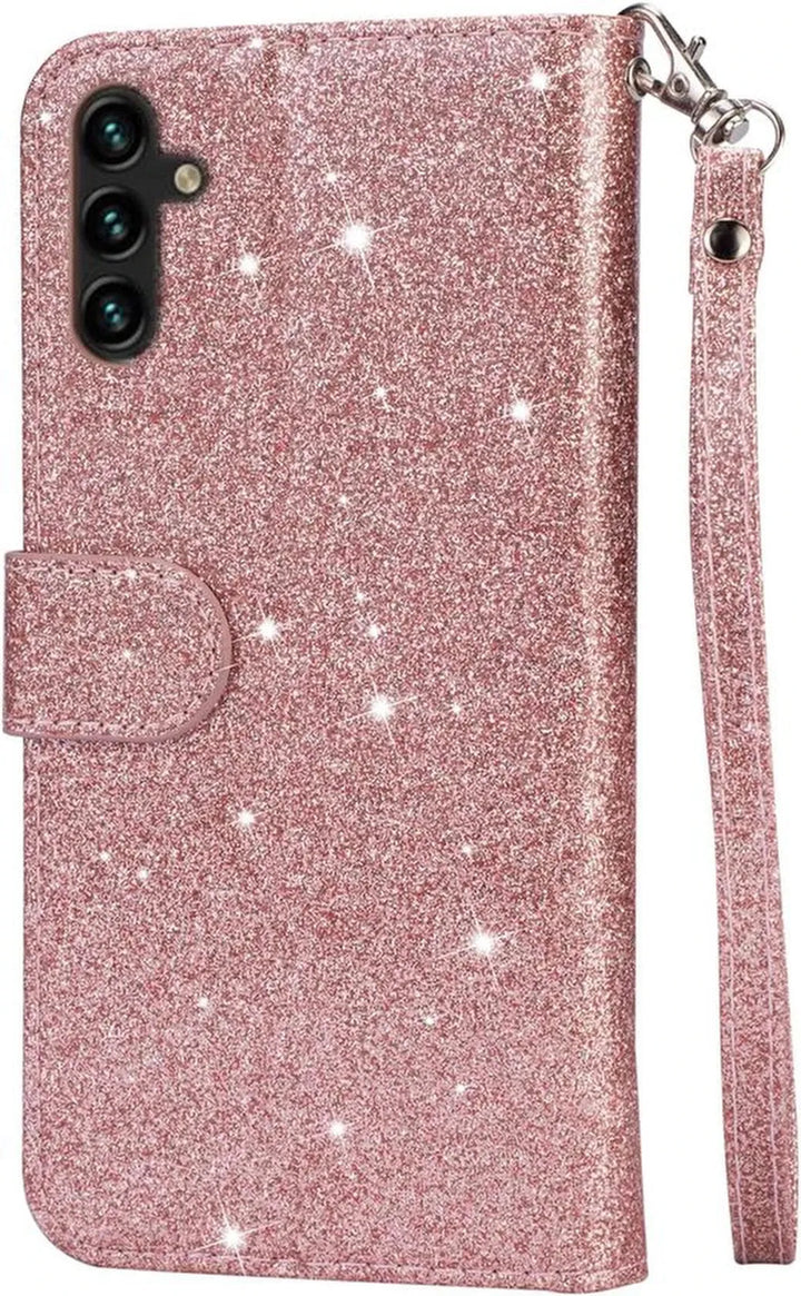 Samsung Galaxy A13/A04s/M13 Hoesjes – Glitter Portemonnee Hoes – Rits & Koord – Roségoud-Ilumina Benelux