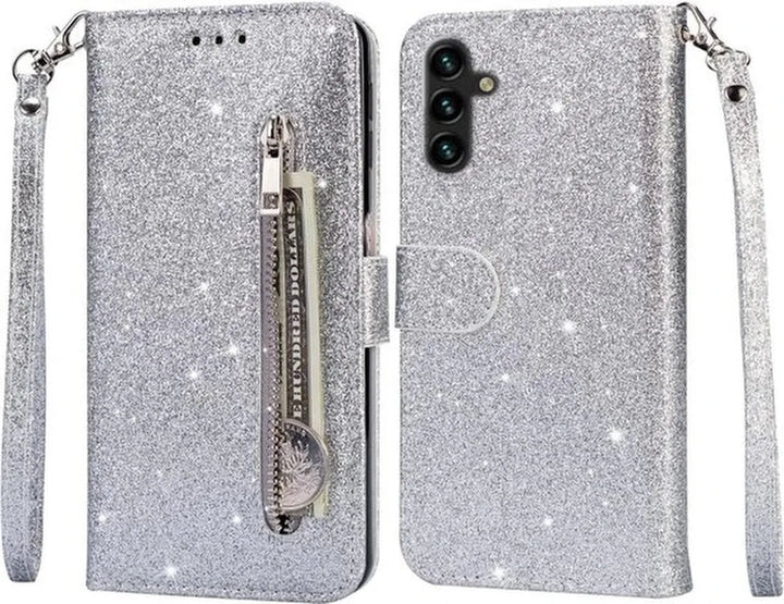 Samsung Galaxy A13 Hoesjes – Glitter Portemonnee Hoes – Rits & Koord – Pasjeshouder – Zilver-Ilumina Benelux