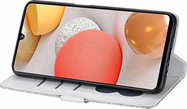 Samsung Galaxy A12 / M12 Hoesjes – Glitter Portemonnee Hoes – Rits & Koord – Zilver-Ilumina Benelux