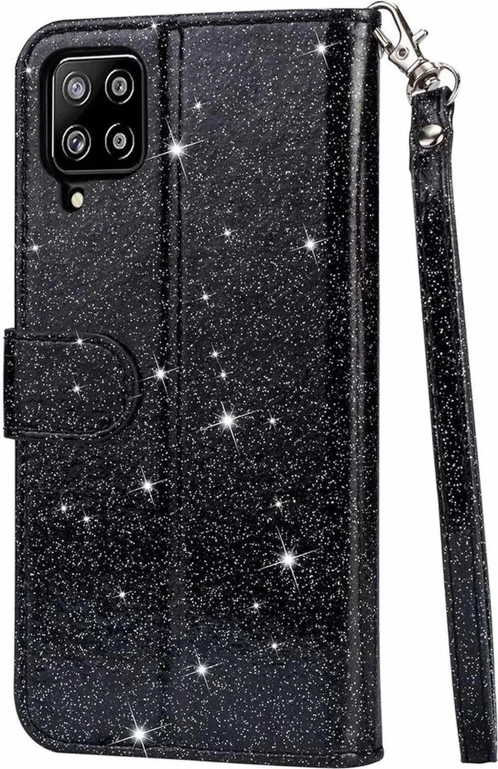 Samsung Galaxy A22 4G Hoesjes – Glitter Portemonnee Hoes – Rits & Koord – Pasjeshouder – Zwart-Ilumina Benelux