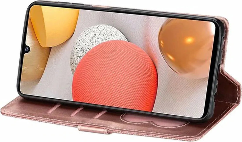 Samsung Galaxy A22 4G Hoesjes – Glitter Portemonneehoes – Rits & Koord – Pasjeshouder – Roségoud-Ilumina Benelux