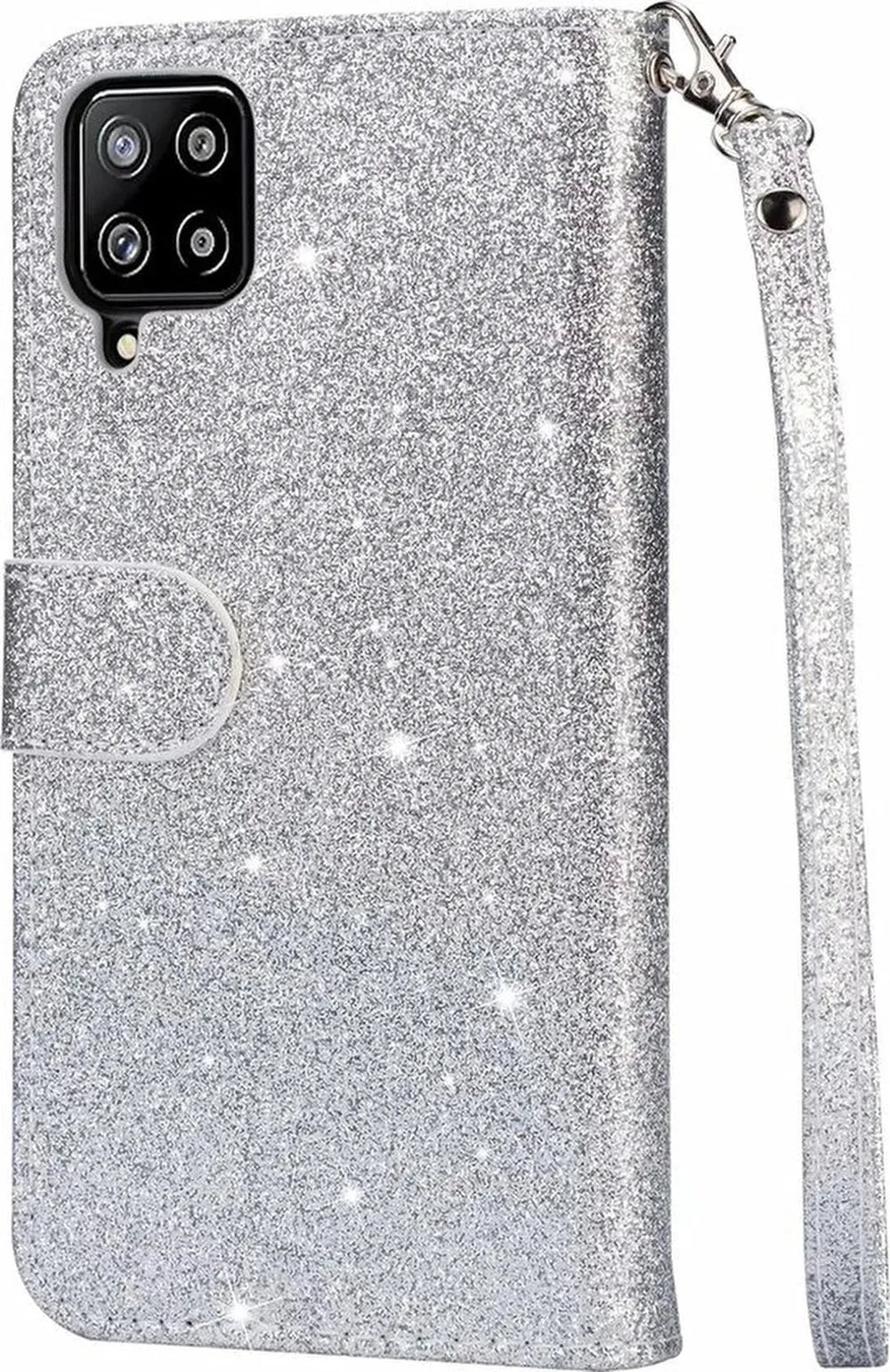 Samsung Galaxy A22 4G Hoesjes – Glitter Portemonnee Hoes – Rits & Koord – Zilver-Ilumina Benelux