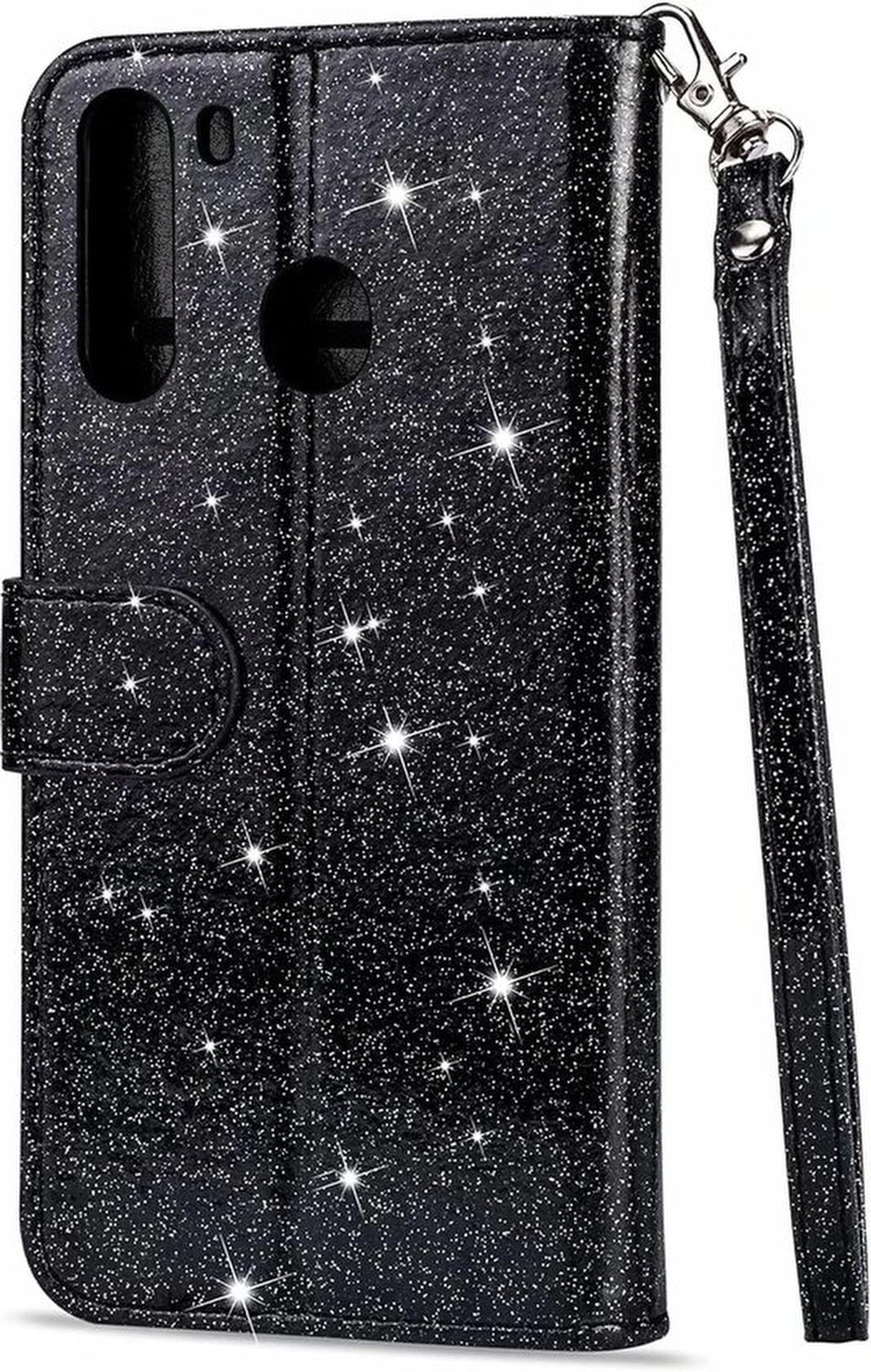 Sparkly Glitter Wallet Hoesje met Rits & Koord Geschikt voor: Samsung Galaxy M11 - Zwart