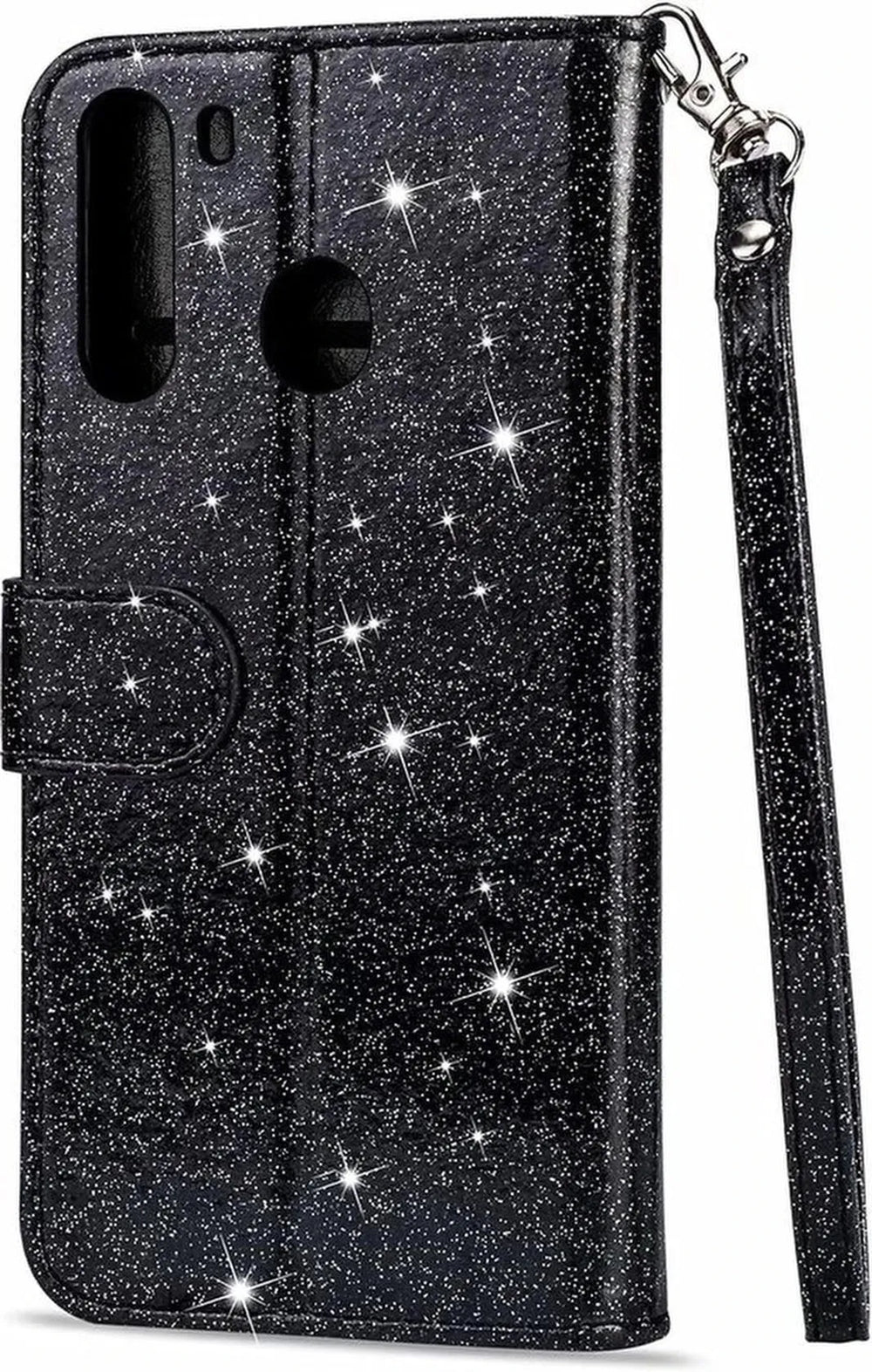Samsung Galaxy M11 Hoesjes – Glitter Portemonnee Hoes – Rits & Koord – Pasjeshouder – Zwart-Ilumina Benelux