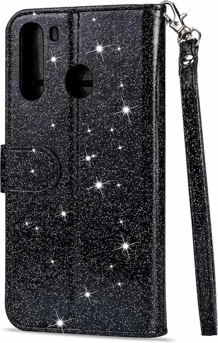 Samsung Galaxy M11 Hoesjes – Glitter Portemonnee Hoes – Rits & Koord – Pasjeshouder – Zwart-Ilumina Benelux