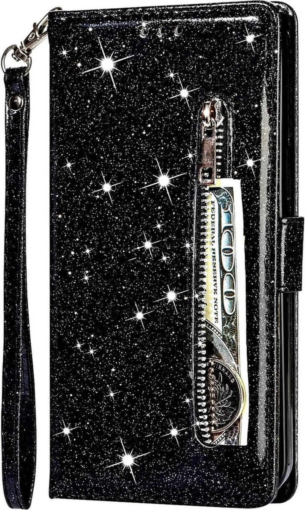 Samsung Galaxy M11 Hoesjes – Glitter Portemonnee Hoes – Rits & Koord – Pasjeshouder – Zwart-Ilumina Benelux