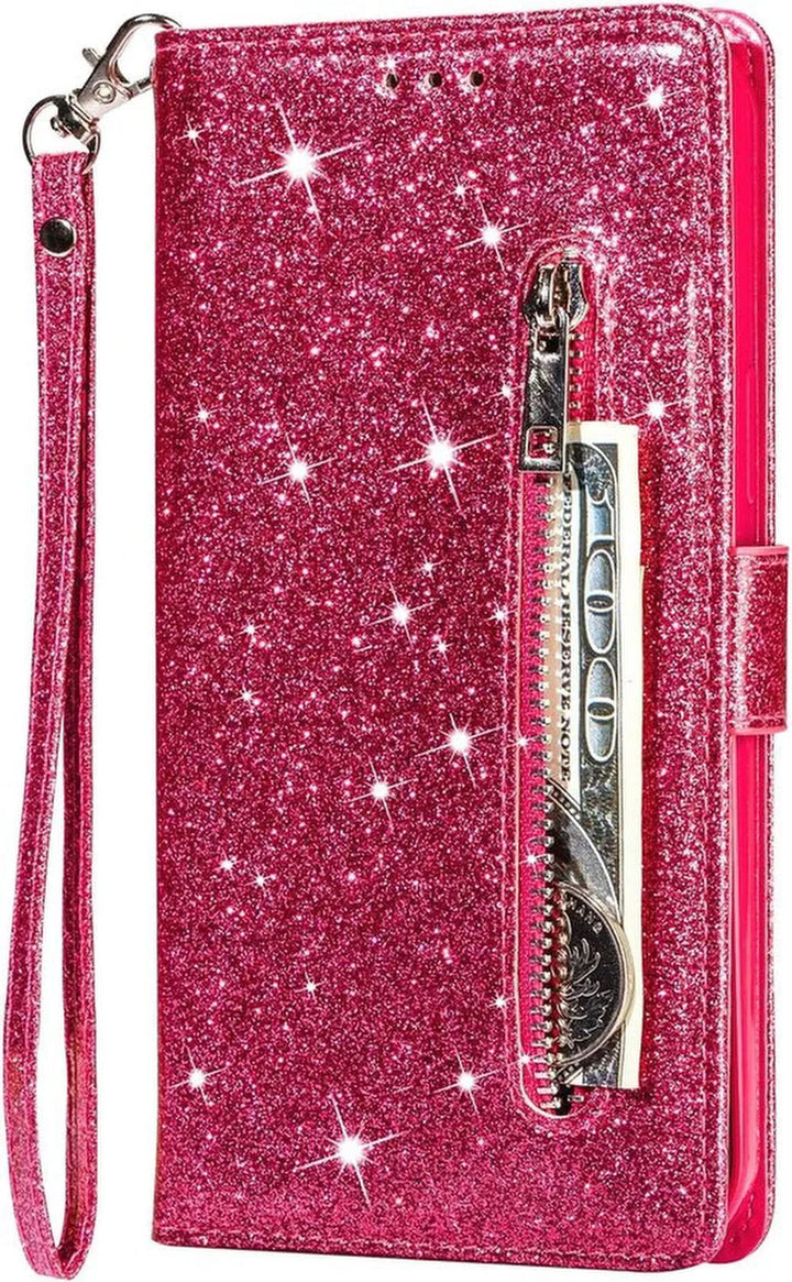 Samsung Galaxy M11 Hoesjes – Glitter Portemonnee Hoes – Rits & Koord – Pasjeshouder – Roze-Ilumina Benelux