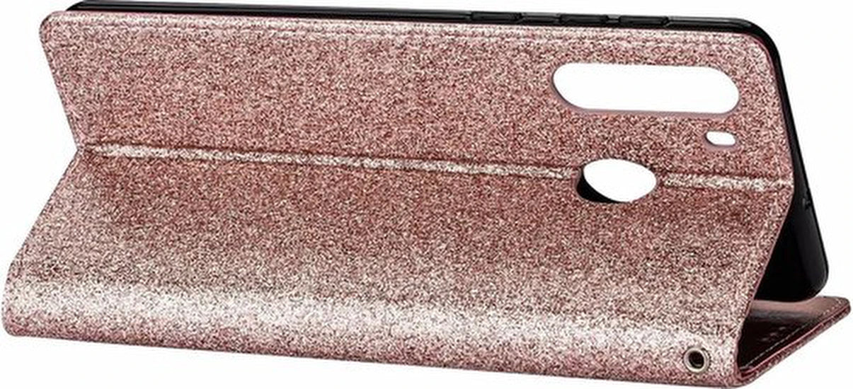 Sparkly Glitter Wallet Hoesje met Rits & Koord Geschikt voor: Samsung Galaxy M11 - Roségoud