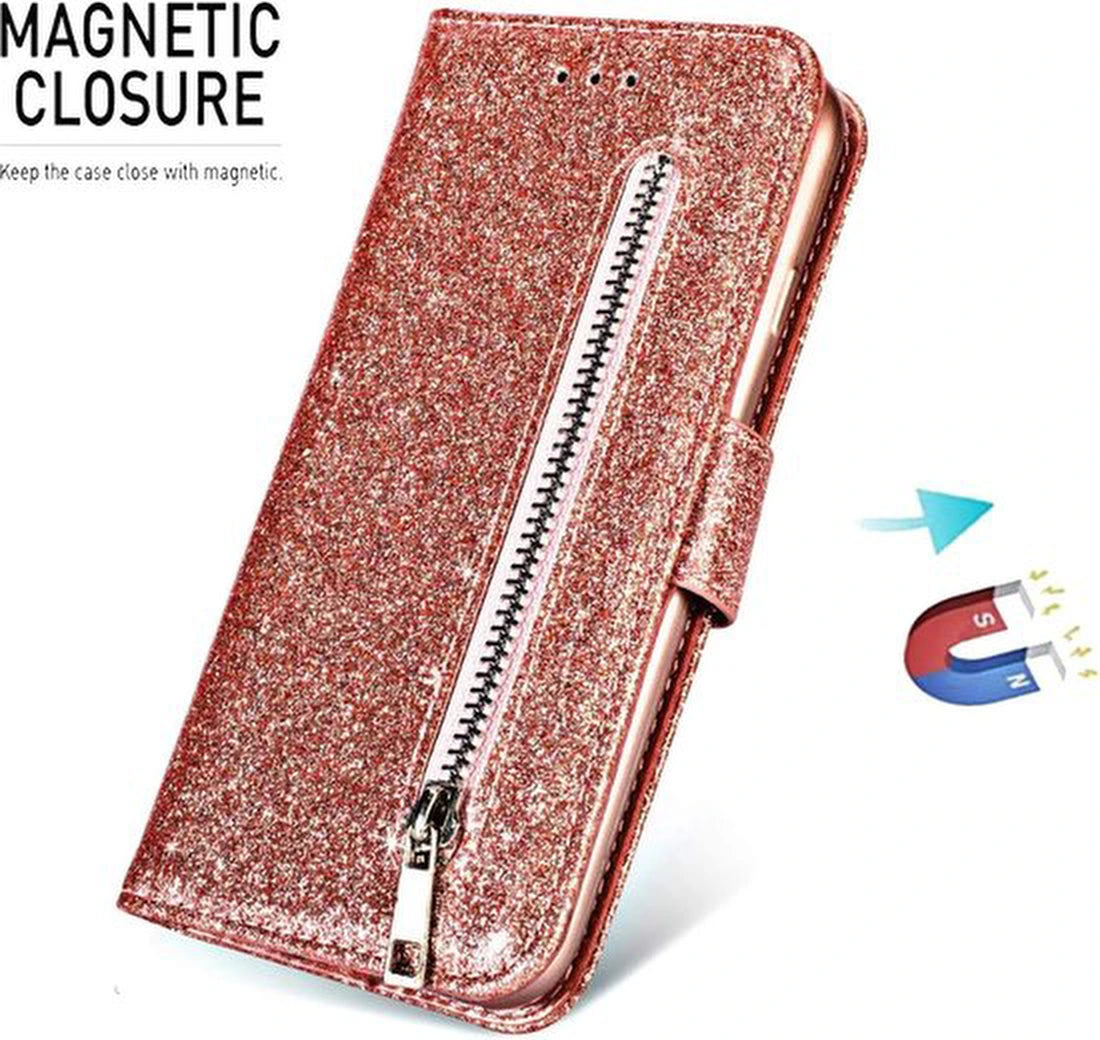 Sparkly Glitter Wallet Hoesje met Rits & Koord Geschikt voor: Samsung Galaxy M11 - Roségoud