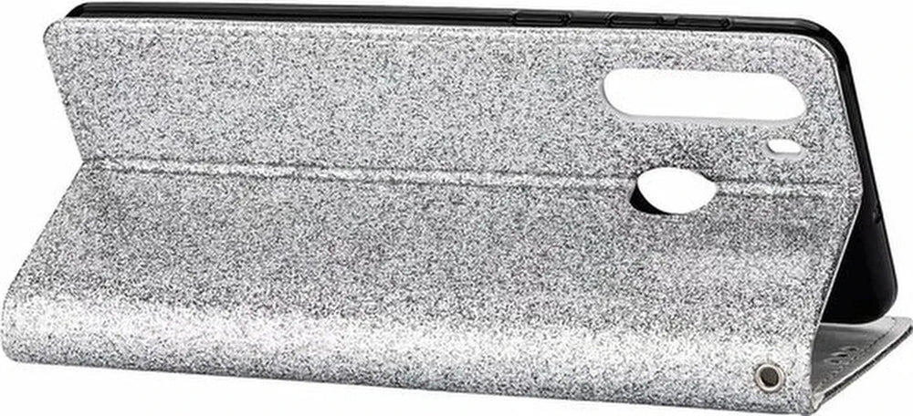 Samsung Galaxy M11 Hoesjes – Glitter Portemonnee Hoes – Rits & Koord – Zilver-Ilumina Benelux