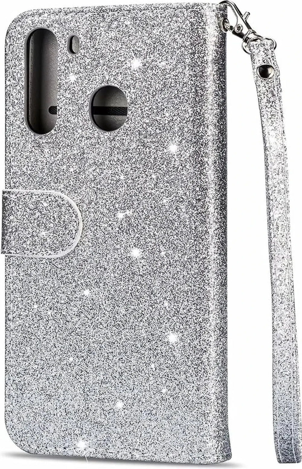 Samsung Galaxy M11 Hoesjes – Glitter Portemonnee Hoes – Rits & Koord – Zilver-Ilumina Benelux