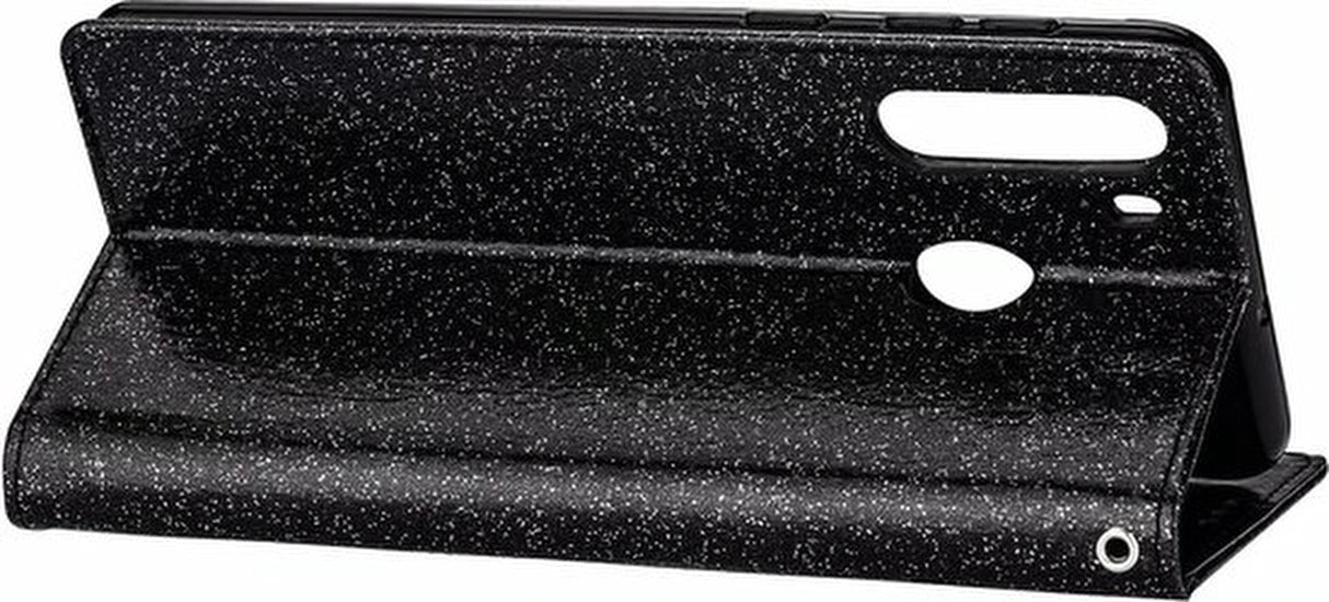 Samsung Galaxy A11 Hoesjes – Glitter Portemonnee Hoes – Rits & Koord – Pasjeshouder – Zwart