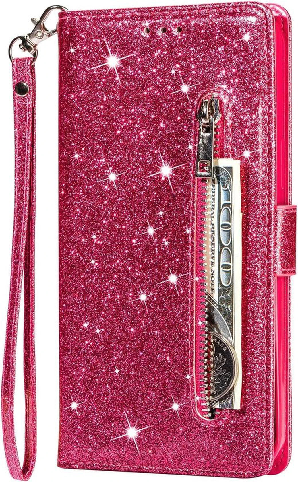 Sparkly Glitter Wallet Hoesje met Rits & Koord Geschikt voor: Samsung Galaxy A11 - Roze