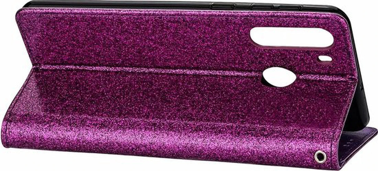 Sparkly Glitter Wallet Hoesje met Rits & Koord Geschikt voor: Samsung Galaxy A11 - Paars