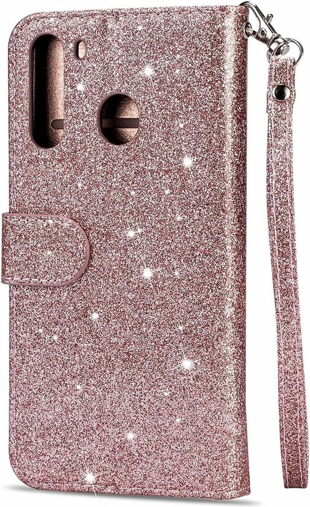 Sparkly Glitter Wallet Hoesje met Rits & Koord Geschikt voor: Samsung Galaxy A11 - Roségoud