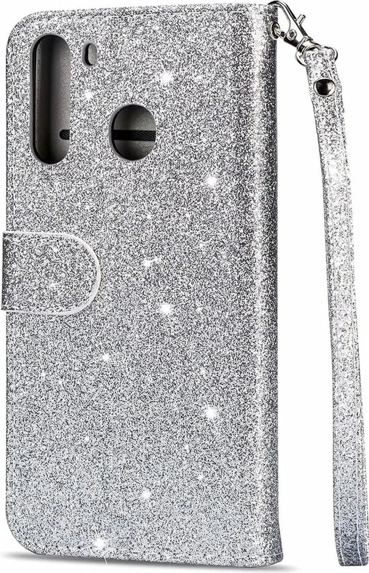 Samsung Galaxy A11 Hoesjes – Glitter Portemonnee Hoes – Rits & Koord – Pasjeshouder – Zilver-Ilumina Benelux