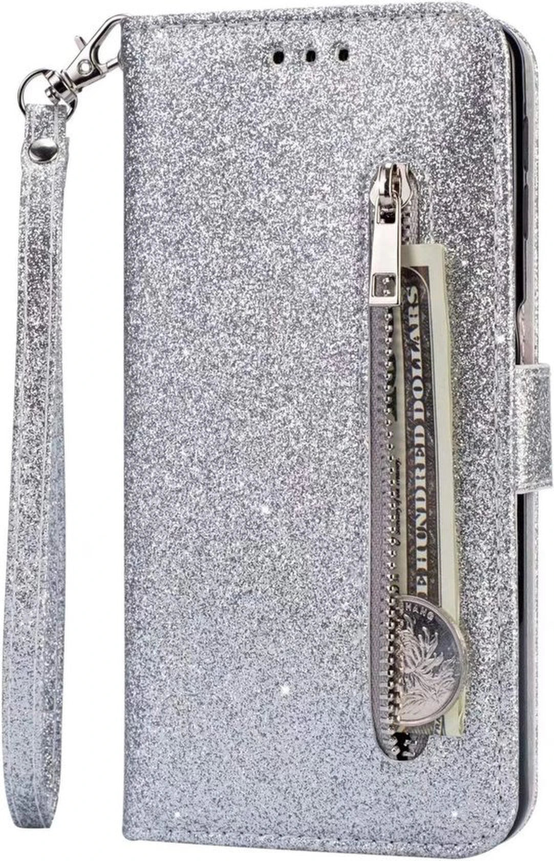 Sparkly Glitter Wallet Hoesje met Rits & Koord Geschikt voor: Samsung Galaxy A11 - Zilver