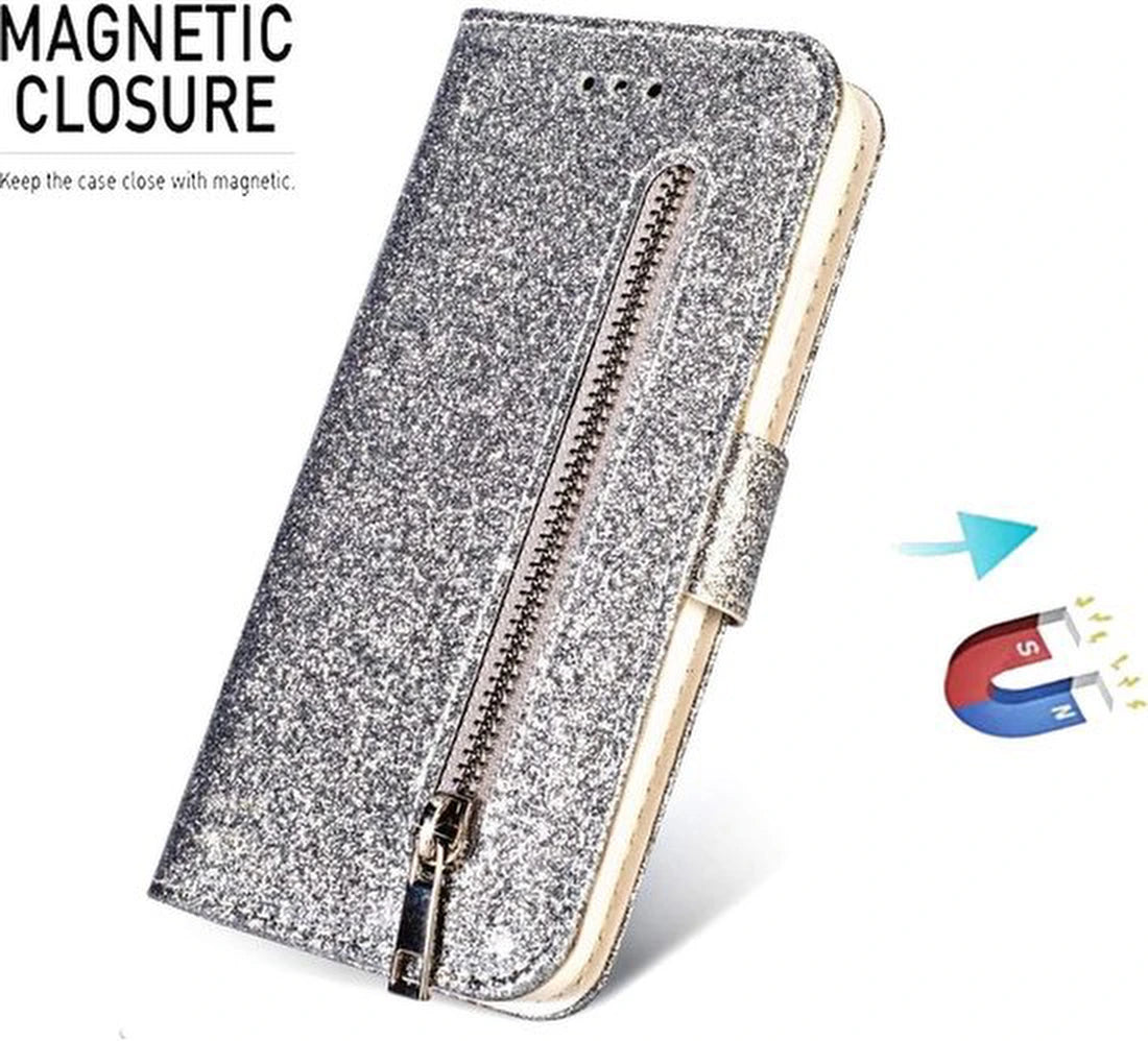 Sparkly Glitter Wallet Hoesje met Rits & Koord Geschikt voor: Samsung Galaxy A11 - Zilver