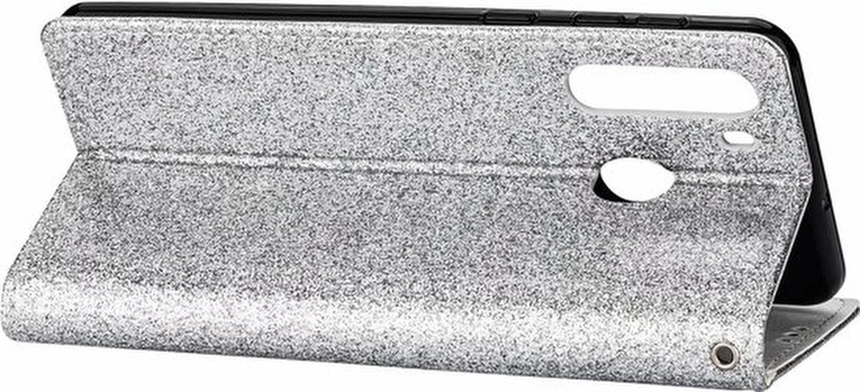 Sparkly Glitter Wallet Hoesje met Rits & Koord Geschikt voor: Samsung Galaxy A11 - Zilver