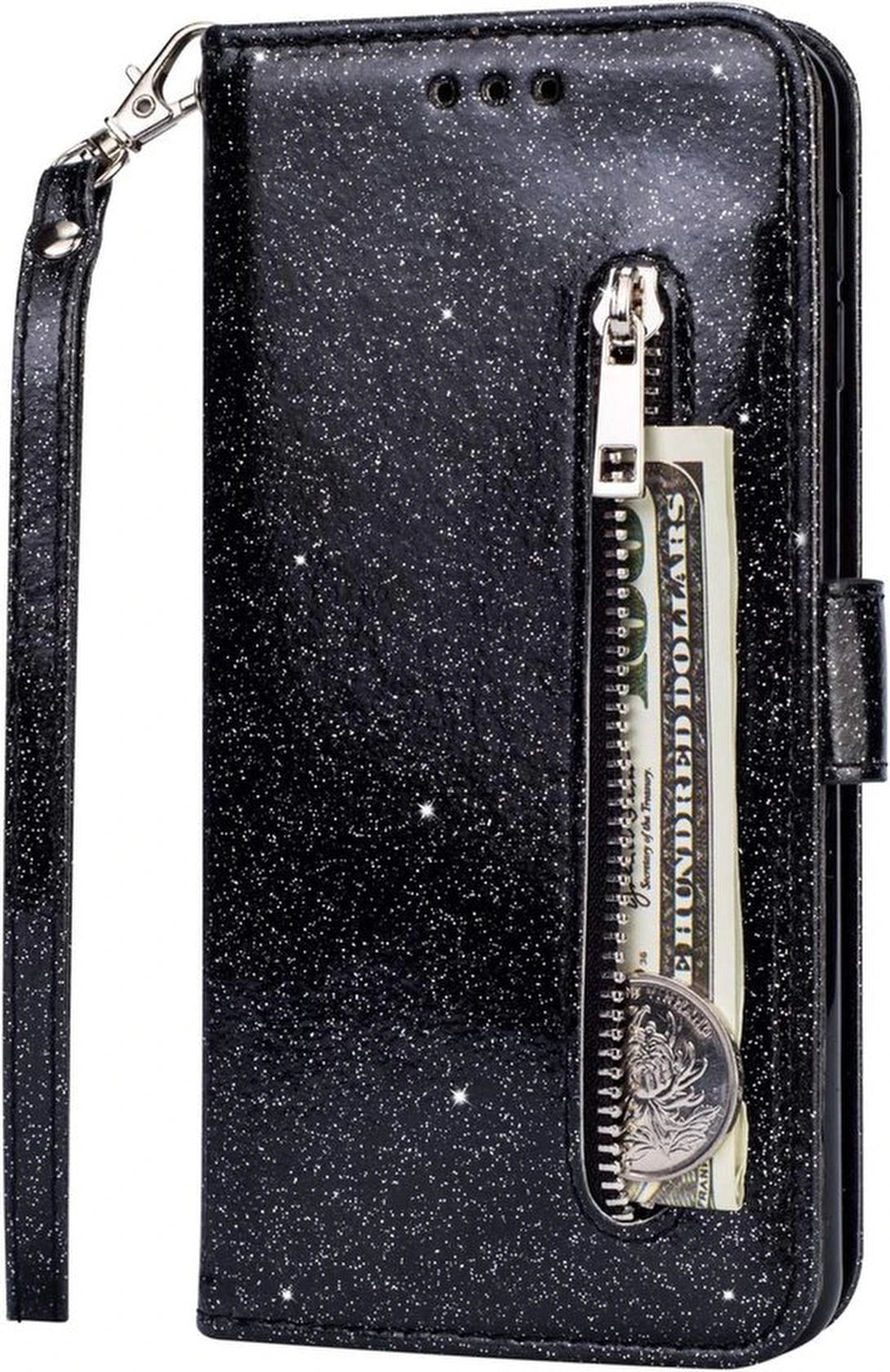 Sparkly Glitter Wallet Hoesje met Rits & Koord Geschikt voor: Samsung Galaxy A01 - Zwart