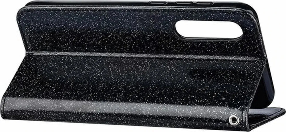 Samsung Galaxy A01 Hoesjes – Glitter Portemonnee Hoes – Rits & Koord – Pasjeshouder – Zwart-Ilumina Benelux