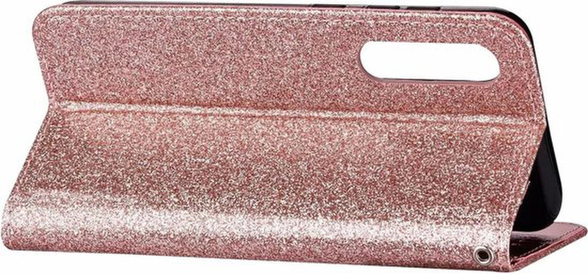 Sparkly Glitter Wallet Hoesje met Rits & Koord Geschikt voor: Samsung Galaxy A01 - Roségoud