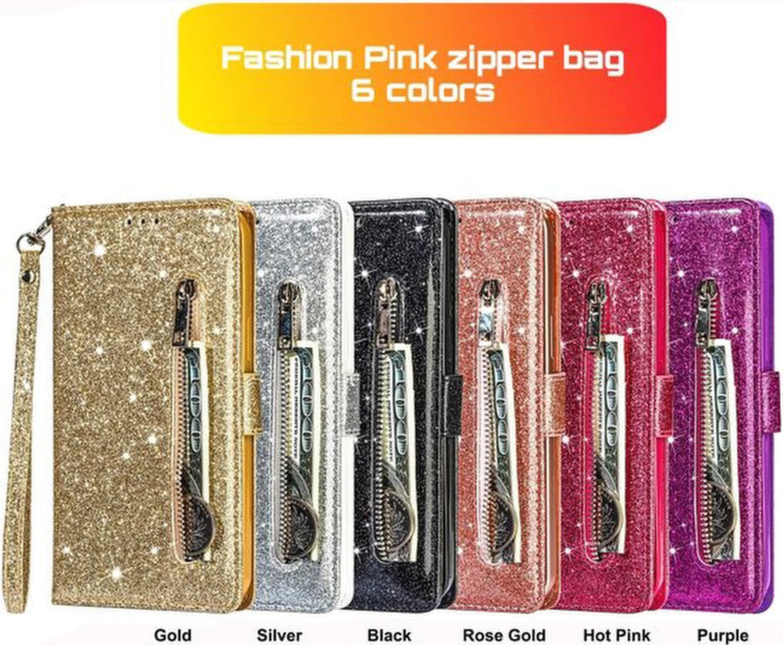 Sparkly Glitter Wallet Hoesje met Rits & Koord Geschikt voor: Samsung Galaxy A01 - Roségoud