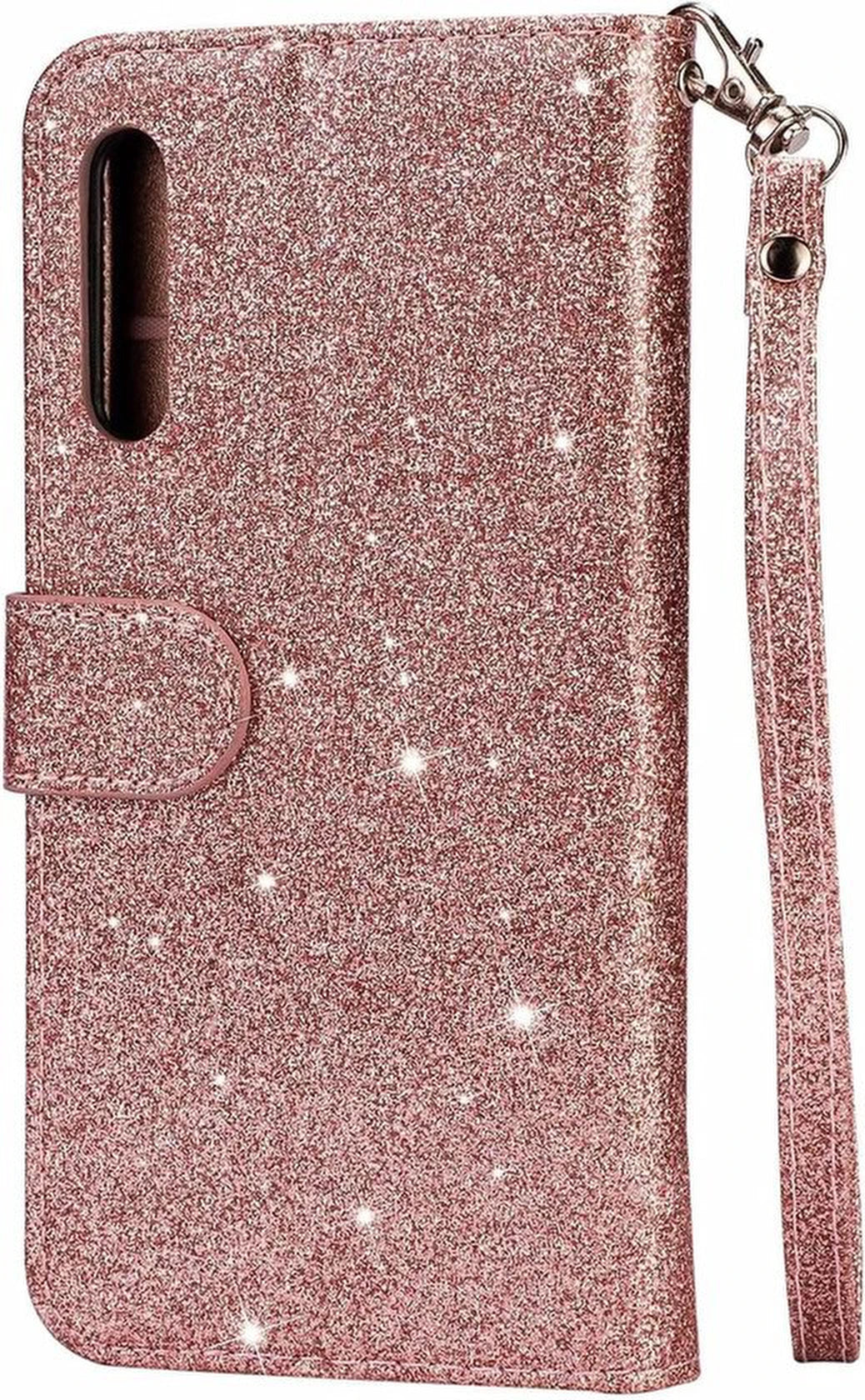 Sparkly Glitter Wallet Hoesje met Rits & Koord Geschikt voor: Samsung Galaxy A01 - Roségoud