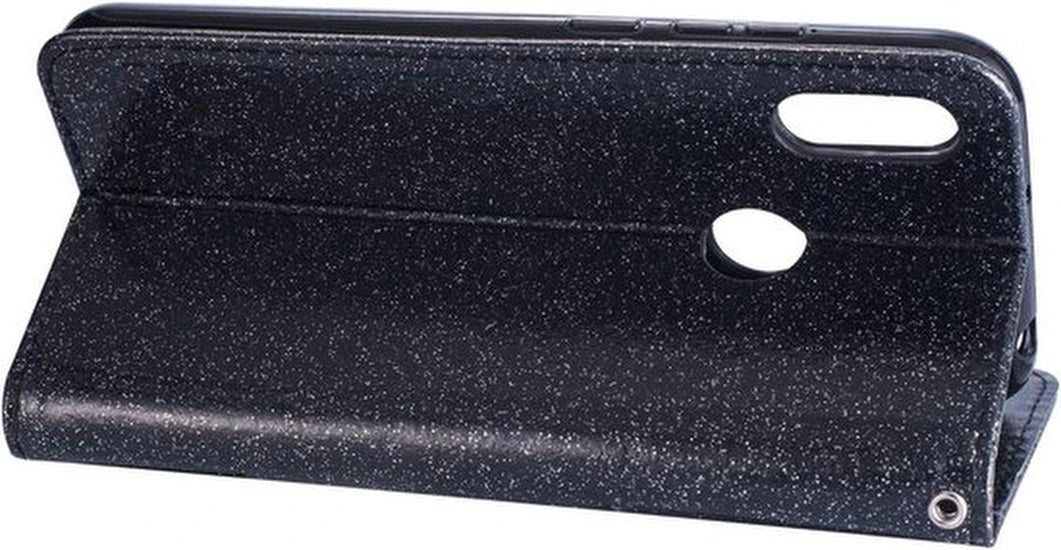 Sparkly Glitter Wallet Hoesje met Rits & Koord Geschikt voor: Samsung Galaxy A20s - Zwart