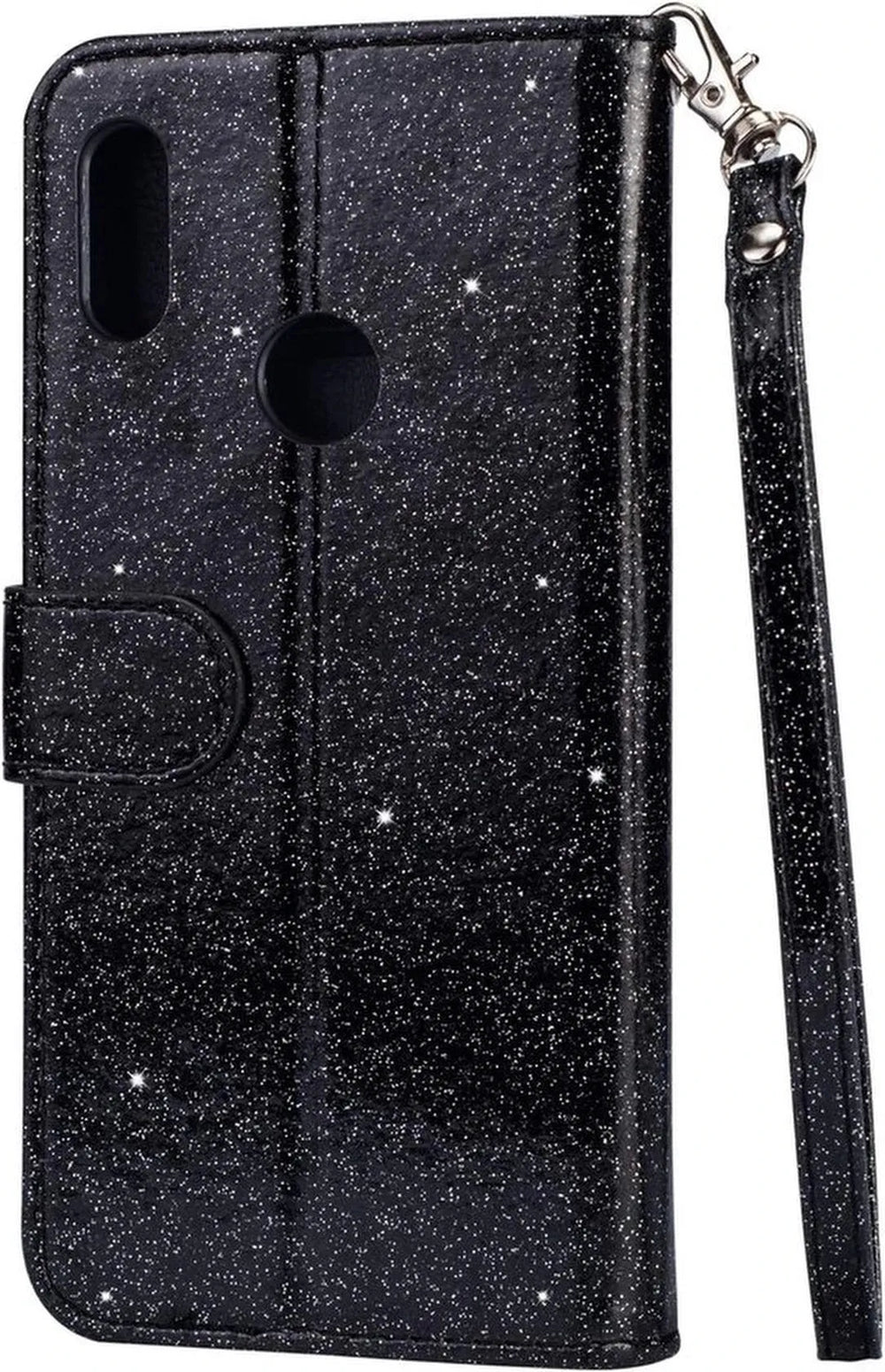 Samsung Galaxy A20s Hoesjes – Glitter Portemonnee Hoes – Rits & Koord – Pasjeshouder – Zwart-Ilumina Benelux