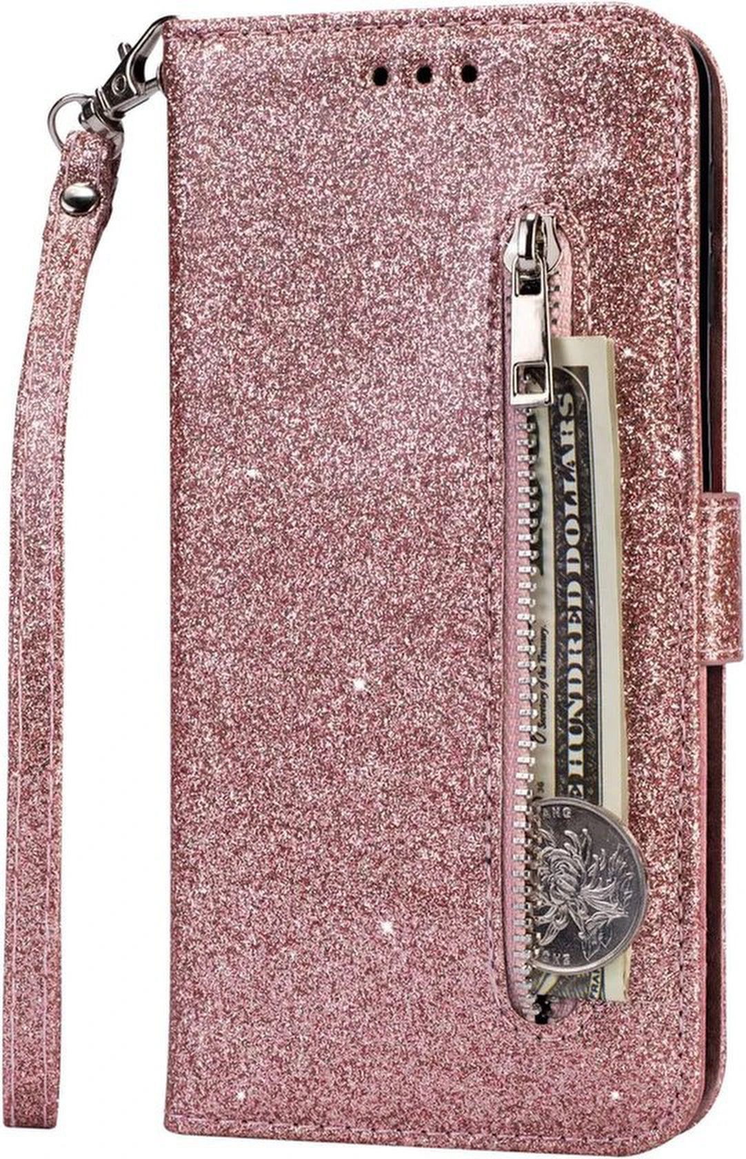 Sparkly Glitter Wallet Hoesje met Rits & Koord Geschikt voor: Samsung Galaxy A20s - Roségoud