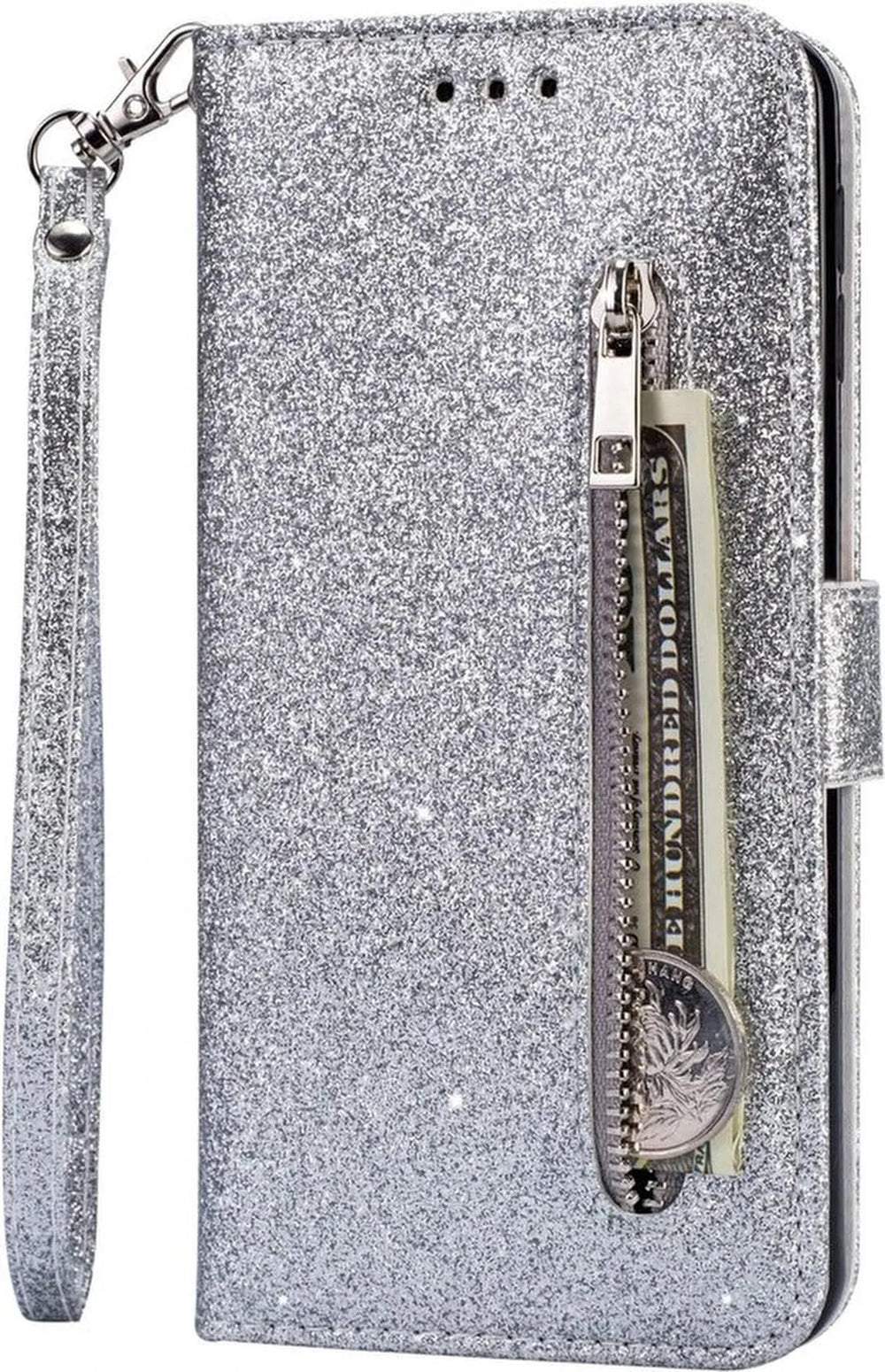 Samsung Galaxy A20s Hoesjes – Glitter Portemonneehoes – Rits & Koord – Zilver-Ilumina Benelux