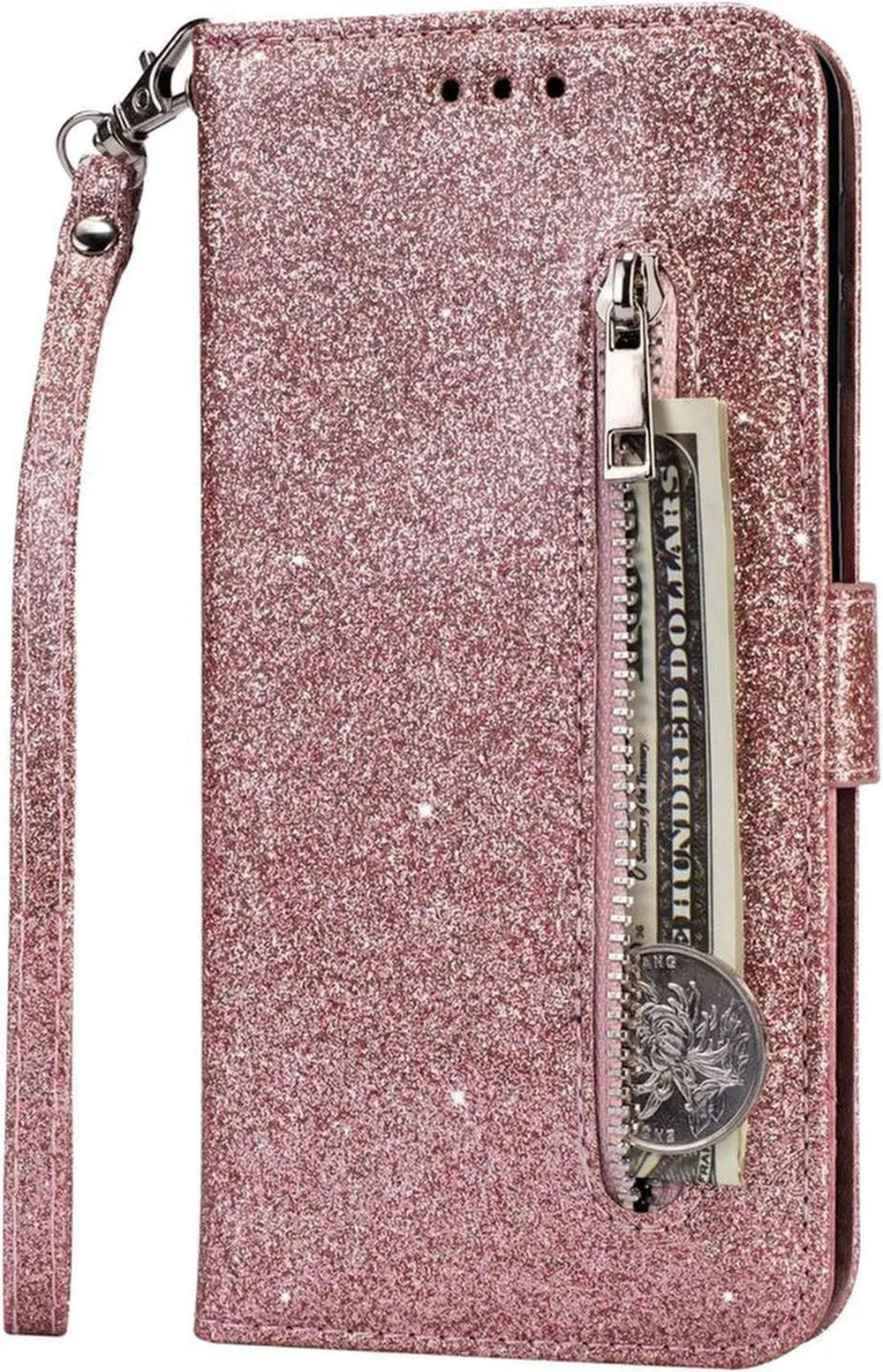 Samsung Galaxy A10s Hoesjes – Glitter Portemonnee Hoes – Rits & Koord – Pasjeshouder – Roségoud-Ilumina Benelux