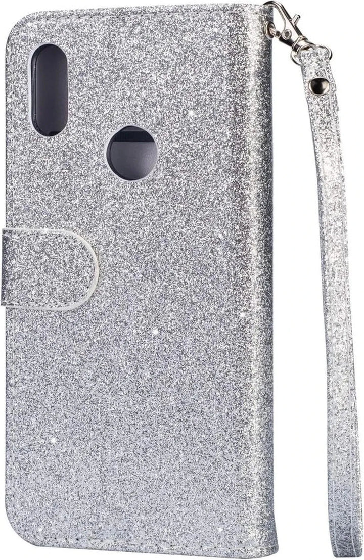 Samsung Galaxy A10s Hoesjes – Glitter Portemonnee Hoes – Rits & Koord – Zilver-Ilumina Benelux