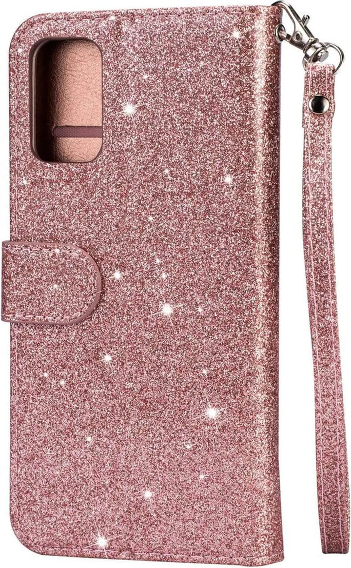 Oppo A52/A72/A92 Hoesjes – Glitter Portemonneehoes – Rits & Koord – Roségoud-Ilumina Benelux