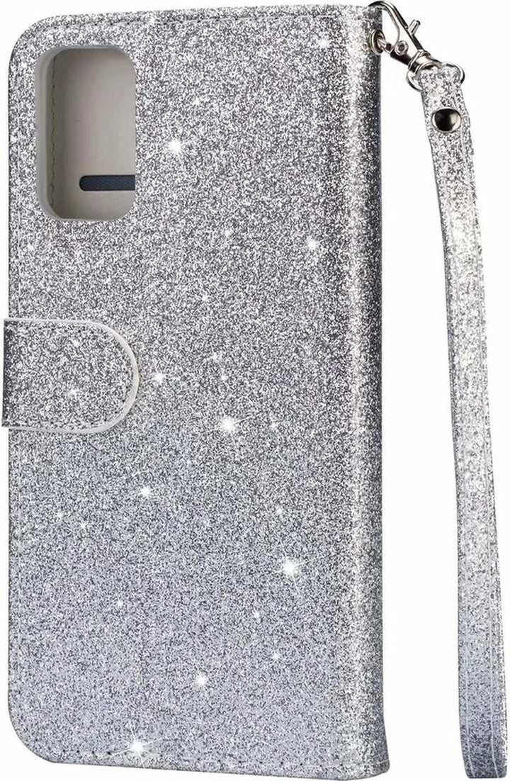 Oppo A52/A72/A92 Hoesjes – Glitter Portemonnee Hoes – Rits & Koord – Pasjeshouder – Zilver-Ilumina Benelux