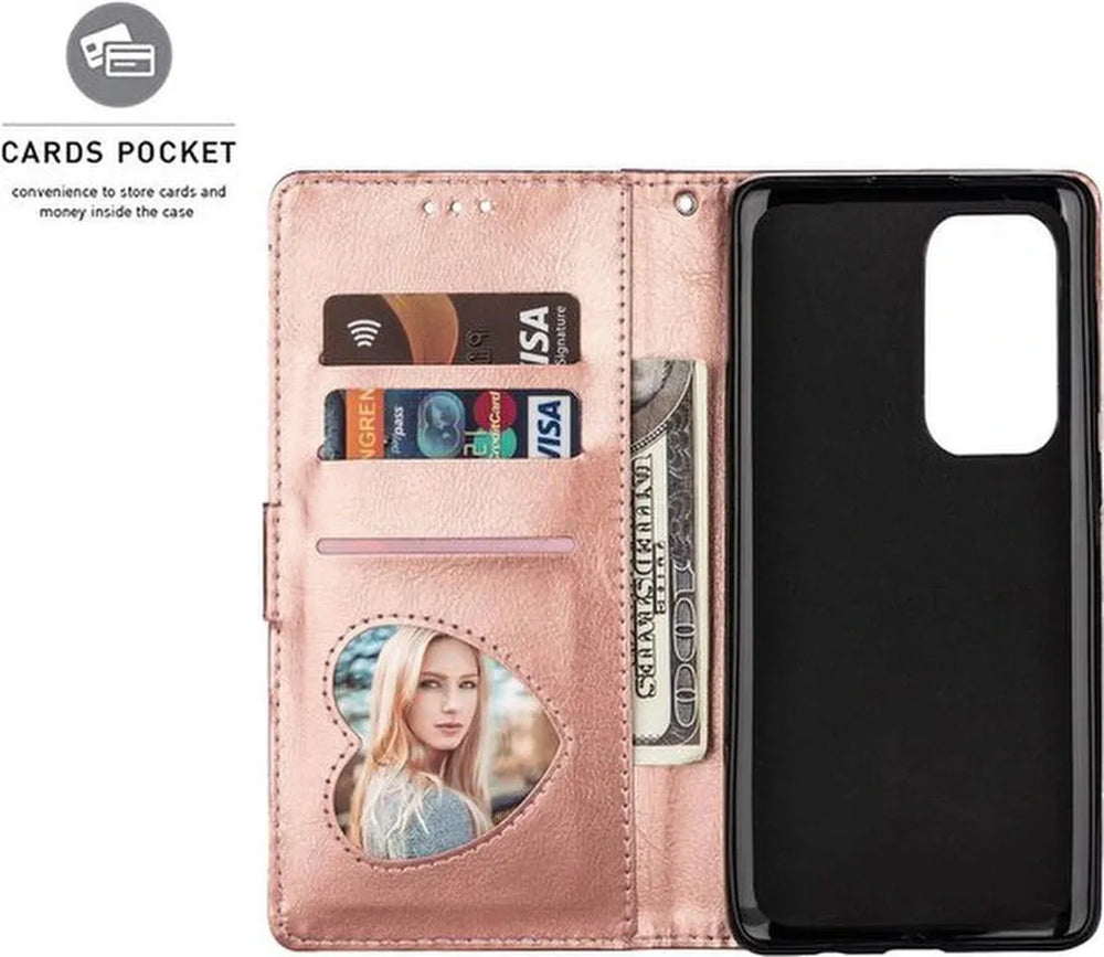 Oppo A57 5G/A77 5G Hoesjes – Glitter Portemonnee Hoes – Rits & Koord – Pasjeshouder – Roségoud-Ilumina Benelux