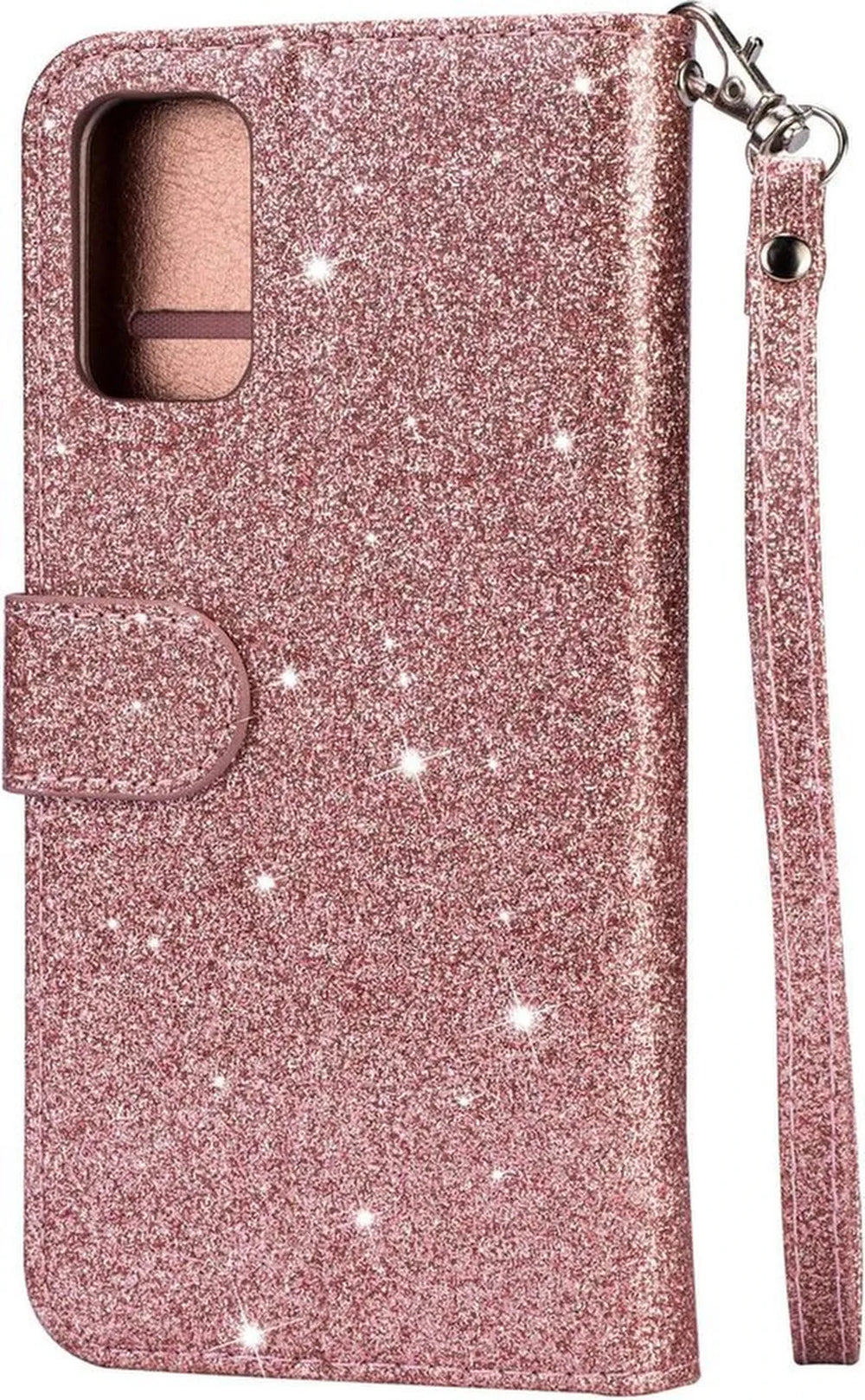 Oppo A74 5G Hoesjes – Glitter Portemonnee Hoes – Rits & Koord – Pasjeshouder – Roségoud-Ilumina Benelux