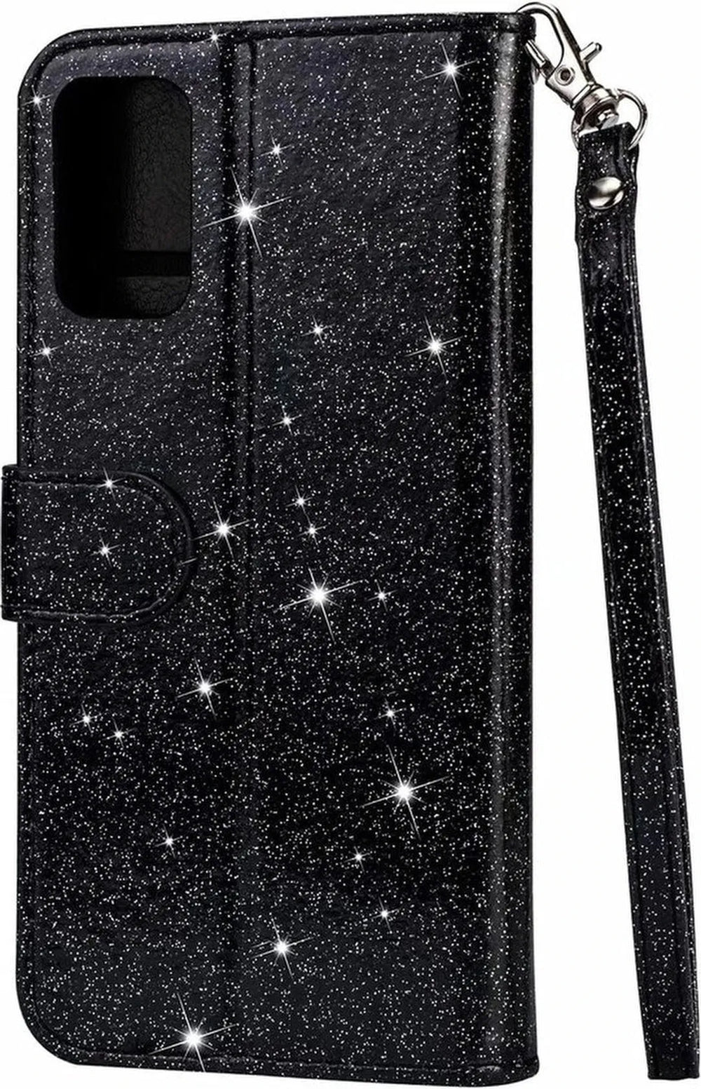 OPPO A96/A76/A36 Hoesjes – Glitter Portemonnee Hoes – Rits & Koord – Pasjeshouder – Zwart-Ilumina Benelux