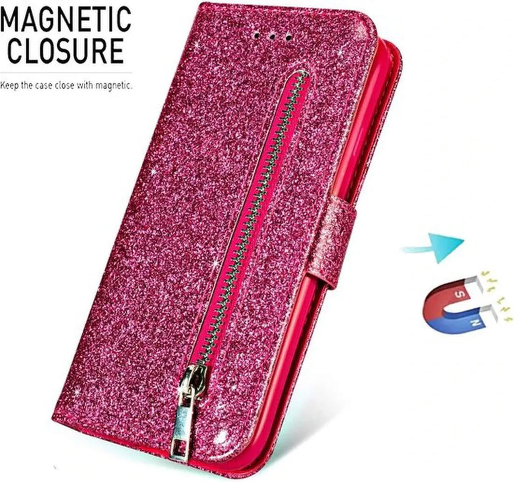 OPPO A16/A16s/A54s Hoesjes – Glitter Portemonnee Hoes – Rits & Koord – Roze-Ilumina Benelux