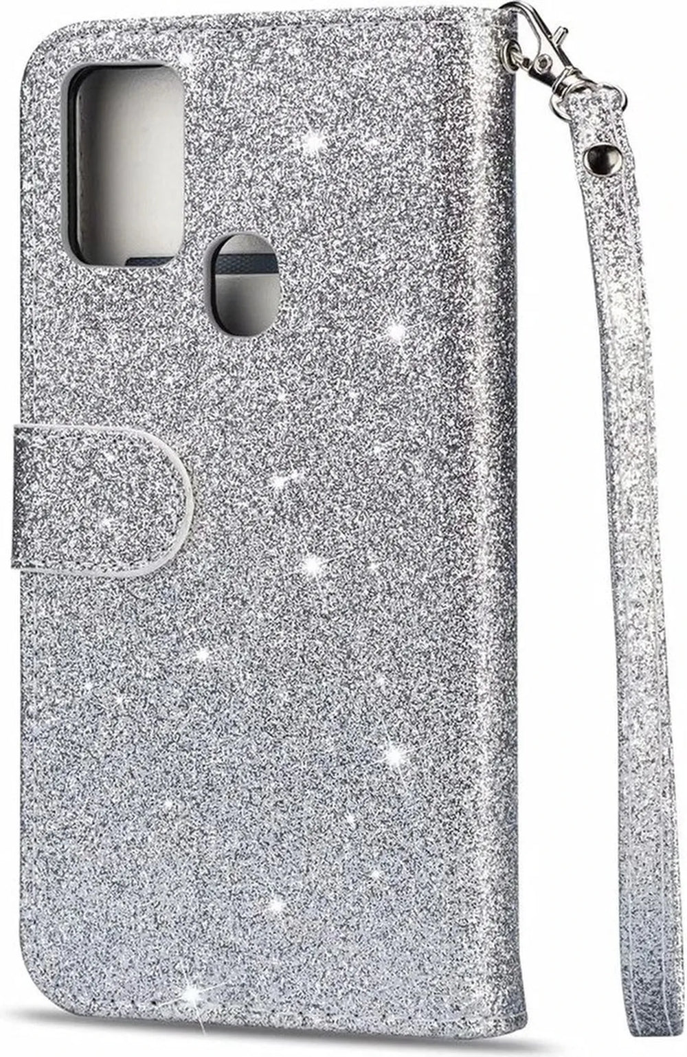 OPPO A15/A15s/A35 2021 Hoesjes – Glitter Portemonnee Hoes – Rits & Koord – Pasjeshouder – Zilver-Ilumina Benelux