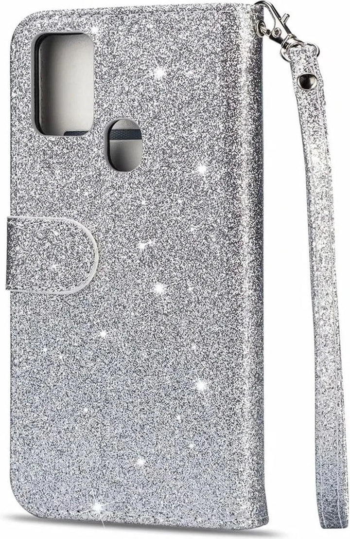 OPPO A15/A15s/A35 2021 Hoesjes – Glitter Portemonnee Hoes – Rits & Koord – Pasjeshouder – Zilver-Ilumina Benelux